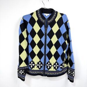 Bright Carson Lambs Wool Diamond Embroidered Full Zip Sweater Granny Large